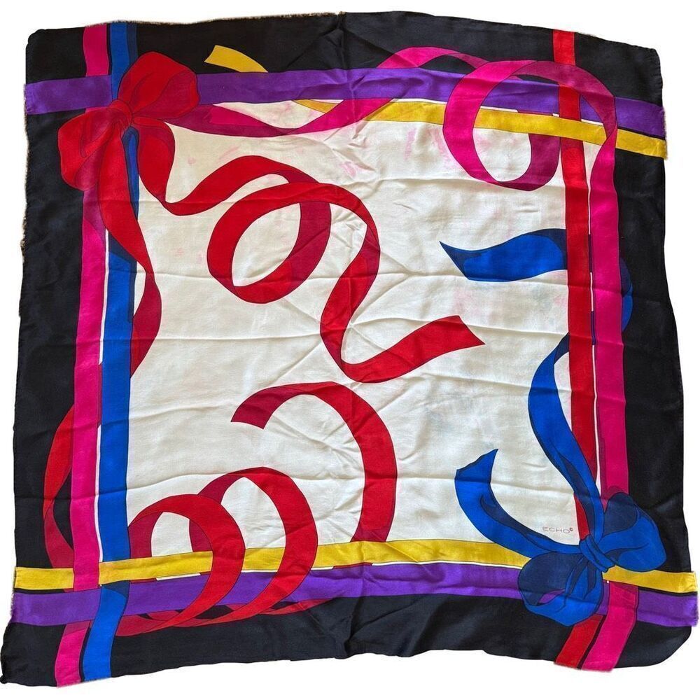 Echo Vintage 80’s handkerchief silky satin ribbon square large neck scarf